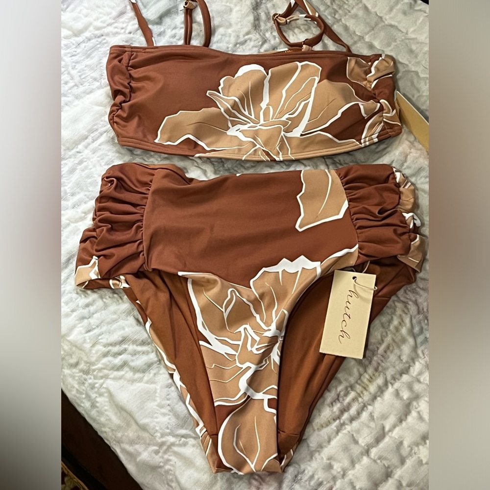 NWT Hutch x Anthropologie Isla High Waist Brown Ruched Bikini Size XS - Picture 3 of 4